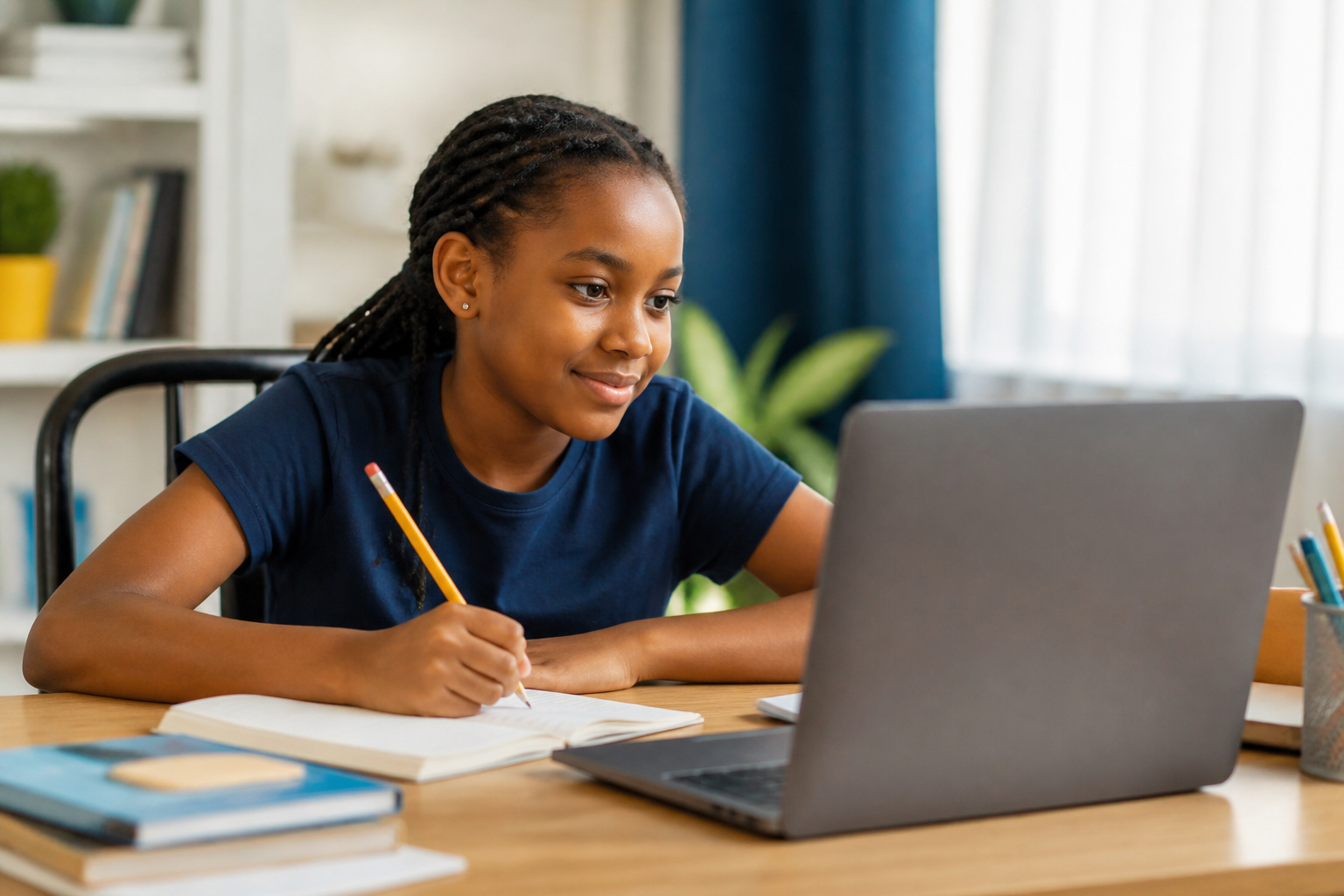 A learner taking part in a focused online lesson.