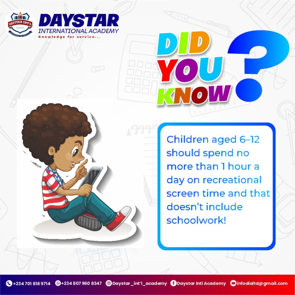 💡 Did you know? Children aged 6–12 should spend no more than 1 hour a day on recreational screen time and that doesn’t include schoolwork! Too much screen exposure can affect sleep, attention span, and even social behavior. Balance is key and small screen-free routines at home can go a long way. What’s your family’s favorite non-screen activity?