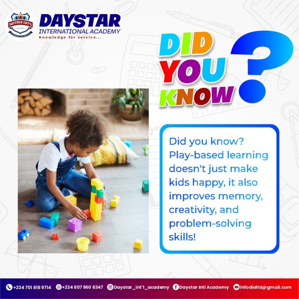 Did you know? Play-based learning doesn’t just make kids happy, it also improves memory, creativity, and problem-solving skills! Whether it’s storytelling, puzzles, or building blocks, letting your child learn through play is one of the best ways to support early development. 💙 At Daystar, we believe fun and focus can work hand in hand.